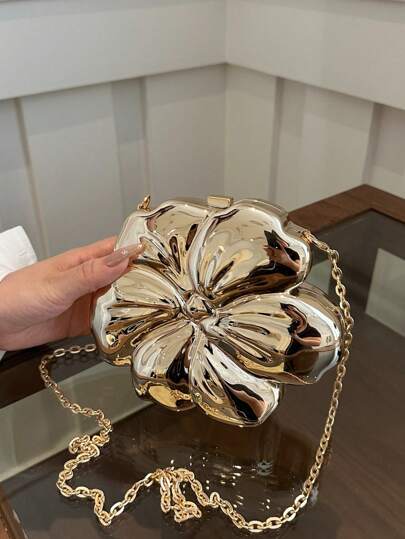 Luxury Shiny ABS Material Flower Shaped Mini Clutch Handbag Buckle Metal Bead Chain Shoulder Bag Women Party Charming Gift, Suitable For Dating, Shopping, Going Out, Commuting, Daily Matching, Fashion Niche Design, Women Bag, Valentine's Day Gift, Exquisite Floral Bag For Women