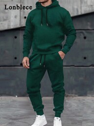 Lonblece 2pcs Men Knit Hoodie Sweatshirt And Knit Sweatpants Set, Casual Daily Sports Wear, Fall Clothes