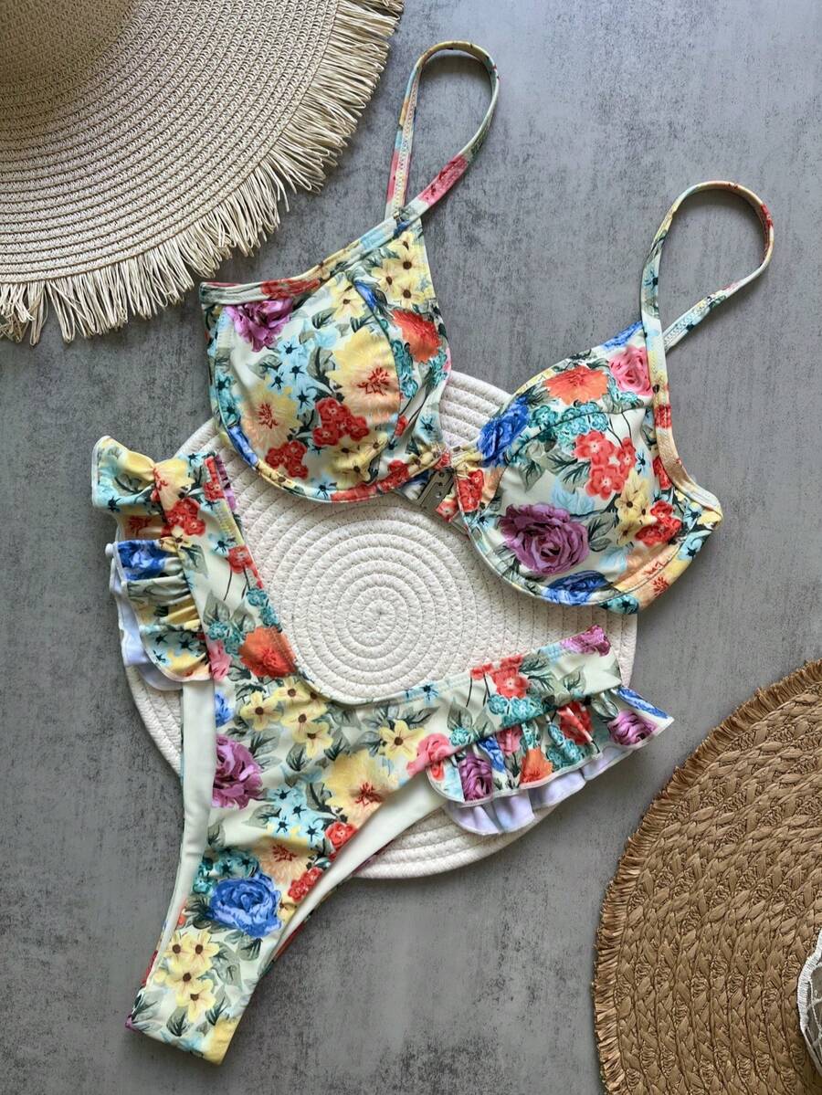 Newest Floral Print Fringe Bikini Set, High Waist With Tie, European American Style Bikini Set, For Summer Beach Vacation - Olive Green - View 1