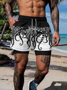 Men's Octopus Print Beach Shorts, Fashionable & Sporty Double Layer Shorts For Outdoor Wear, Spring/Summer,Hawaiian