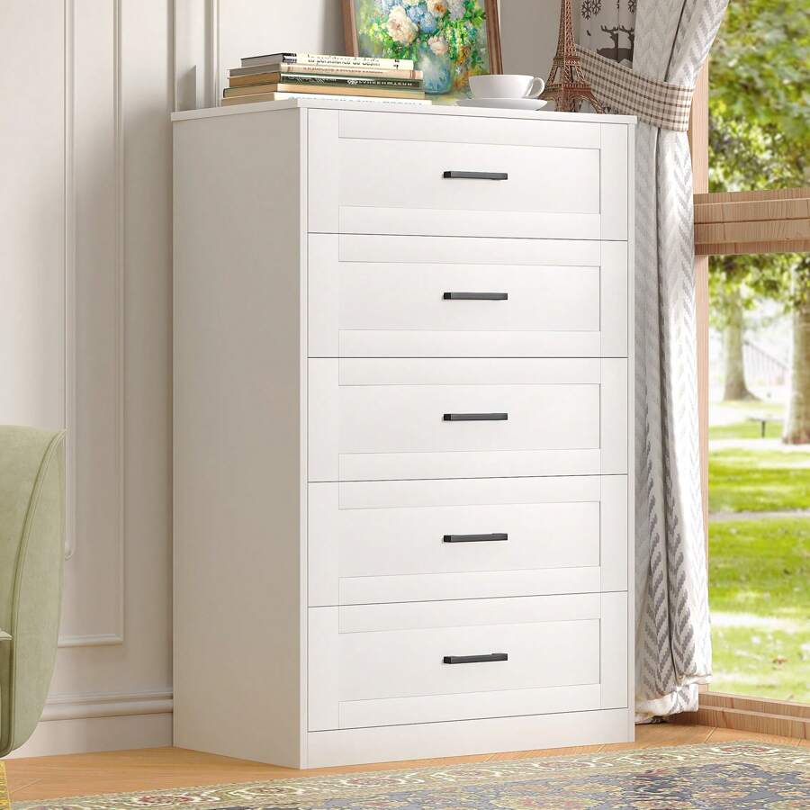 5 Drawer Dresser For Bedroom, White Dresser With Deep Drawers, Modern Tall Dresser Farmhouse Wooden Dresser Chest Of Drawers For Living Room, Hallway, Entryway - trắng - Xem 1