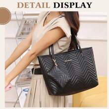 1PC Ladies Bag Fashion Quilted Tote Bag - Large Capacity Solid Color Women's Shoulder Handbag & Purse Texture Commuter Tote Bag - Multicolor - View 6