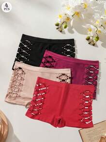 Set de 4 piezas de pantis lisos y sin costuras para mujer, ropa interior cómoda y transpirable con cintura geométrica de malla hueca