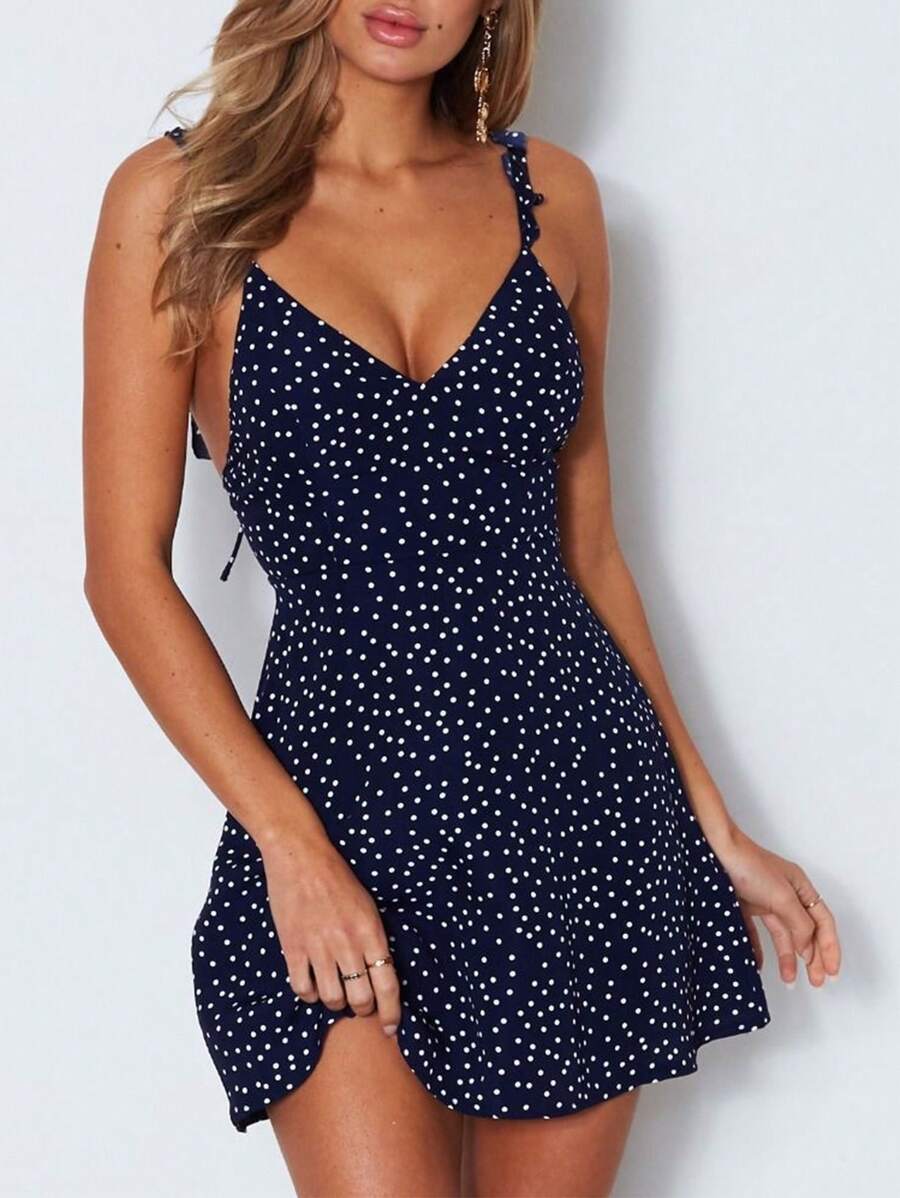 Women's Casual Elegant Polka Dot Spaghetti Strap Mini Dress, Sleeveless Backless Flared Short Dress, Summer