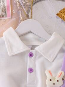2pcs/Set Young Girl Cute Rabbit Short Sleeve Top And Bib Dress Set, Summer - Mauve Purple - View 3