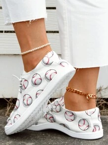 Mujer Primavera Nueva Mocasines planos de moda casual atléticos cómodos y ligeros con estampado de béisbol blanco, punta redonda y diseño slip-on, tallas grandes - Blanco - Ver 5