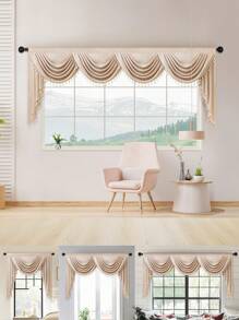 1 pieza Cortina de ventana de unicolor tejida, de estilo minimalista moderno con material de fibra de poliéster y borde de encaje con flecos, adecuada para la decoración de la sala de estar, dormitorio, ventana y puerta - Beis - Ver 2