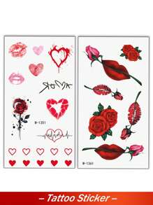 4 hojas de tatuajes temporales para el Día de San Valentín, con diseños de labios rojos sexys, rosas y corazones, tatuajes realistas, resistentes al agua y de larga duración, para niñas, parejas, citas, festivales de música, bodas y fiestas, tatuajes falsos - Multicolor - Ver 4
