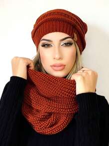 Unisex Knit Infinity Beanie And Scarf Set Soft Wool  Winter Fashion - Marrón Chocolate - Ver 2