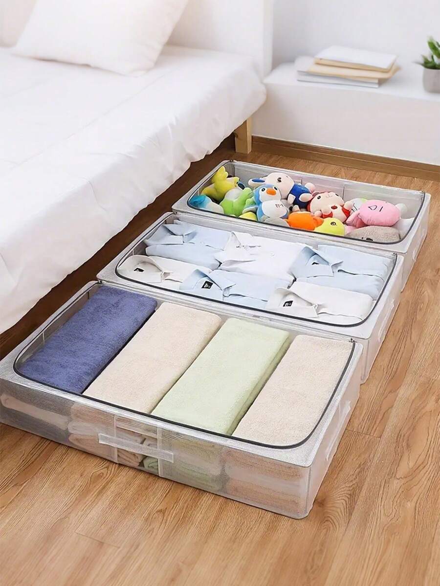 1 pieza: Caja de almacenamiento contemporánea impermeable de PVC con diseño rectangular y marco de acero, ideal para edredones, zapatos y almacenamiento bajo cama - transparente - Ver 1