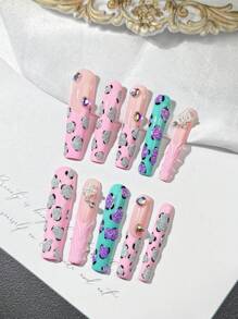 10 Pcs Of Handmade Nail Set, Super Rectangular Pink Coffin Shape, Classic French, Alloy Faux Pearl Accessories, Sexy And Cute, Suitable For Women, Girls' Parties, Travel, Festivals, Gift For Friends Diy Nail Art Set, Reusable.