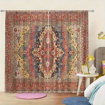 2 件复古图腾数码印花窗帘，高清数码印花窗帘，100% 涤纶材质，顶杆口袋安装，轻巧易清洁，适用于卧室、客厅、家居装饰