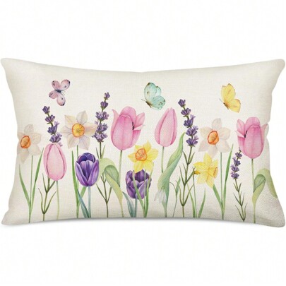 1PC Spring Pillowcase Tulip Lavender Flower Decoration Throw Pillow Farmhouse Butterfly Summer Seasonal Floral Cushion Cover Sofa Home Decor With One Side Without Pillow Core
