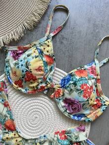 Newest Floral Print Fringe Bikini Set, High Waist With Tie, European American Style Bikini Set, For Summer Beach Vacation - Olive Green - View 3