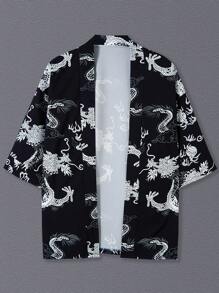 Men Street Fashion Japanese Style Feather Print Kimono , 3/4 Sleeve Unisex Couple Loose Fit Thin Casual Shirt Jacket, Summer