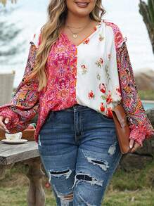 CILKOO Plus Size Women Multicolor Floral Patchwork Ruffle Cuff Button Down Shirt - Pink - View 8