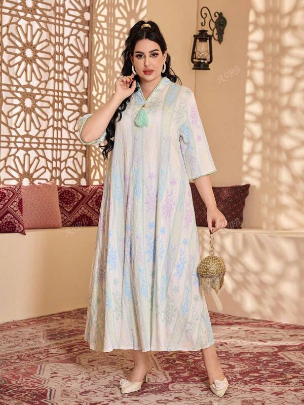 Vestido elegante de mujer para el Ramadán con estampado texturizado y bordado árabe Jalabiya con adorno de flecos y cuello en V, para primavera/verano 2025, modesto kaftan