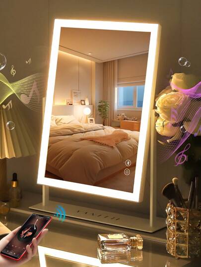 FENCHILIN Makeup Spiegel Bluetooth Player, 30cm 41cm, LED Lights, Desk, Bedroom Can Mirror, Wit
