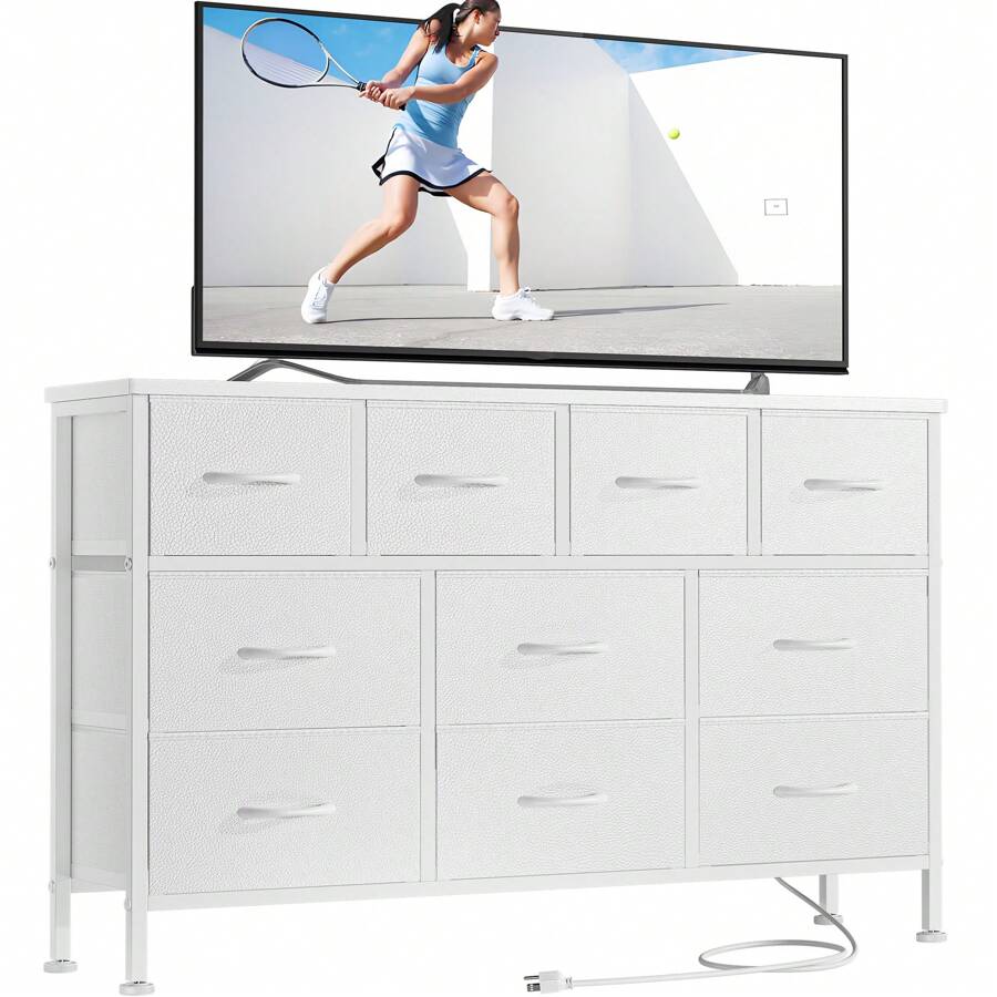 GIKPAL 10 Drawer Dresser For Bedroom, Dresser TV Stand With Power Outlets, Entertainment Center Chest Of Drawers For 55'' Long TV, Wide Fabric Dresser For Storage And Organization - PU trắng - Xem 1