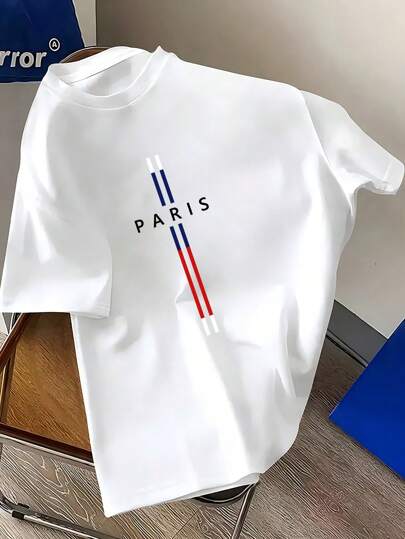 Men's Round Neck Short Sleeve Letter & Stripe Print Casual T-Shirt