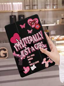 1pc Pink & Black Heart, Butterfly, Wine Goblet Pattern Tablet Protective Case, Anti-Drop, With Pen Slot, Support Sleep/Wake, Compatible With Samsung, And IPad