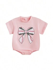 Baby Girls Summer Sweet Romper Infant Short Sleeve Round Neck Rugby Bow Embroidery Romper