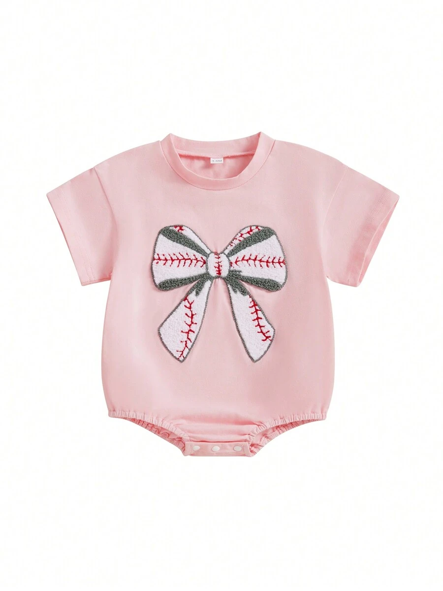 Baby Girls Summer Sweet Romper Infant Short Sleeve Round Neck Rugby Bow Embroidery Romper