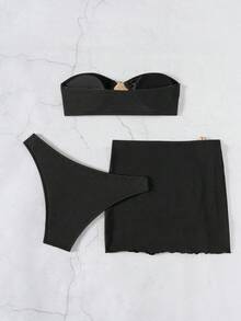 3 件套全新时尚性感纯色比基尼套装棕色泳衣，适合夏季海滩女士吊带胸罩和比基尼套装下装比基尼套装