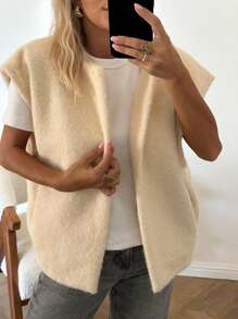 Women Knit Vest, Elegant Sleeveless Open Front Solid Fall Tops Outwear For Casual Daily - Beige - View 3