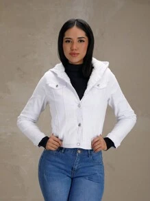 White Denim Jacket With Detachable Fleece Lining, Plush Lining, Ideal For Cold Weather