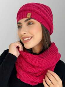 Unisex Knit Infinity Beanie And Scarf Set Soft Wool  Winter Fashion - Rosa Fucsia - Ver 2
