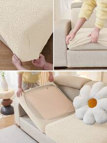 1pc Jacquard Knitted Twill Sofa Cushion Cover, Polyester Spandex Solid Color Minimalist Design, Removable & Machine Washable - Beige - View 5