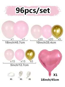 96 粉色淡粉色金属金色乳胶气球拱门套装，配粉色心形铝箔气球，适用于婚礼、生日派对、订婚纪念日、派对装饰 - 彩色 - 查看 5