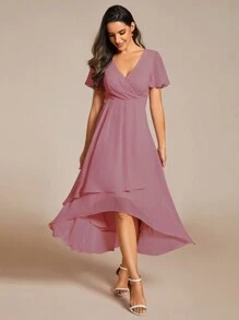 EVERPRETTY Đầm phù dâu/đầm dự tiệc cưới dáng chữ A dài ngang gối bằng chiffon màu hồng nhạt, phối màu tương phản, với đường viền xếp ly thanh lịch, thích hợp cho mùa thu. - Bụi hồng - Xem 4