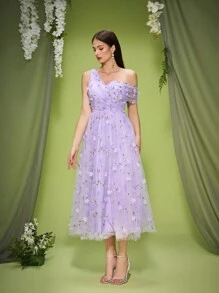 Mgiacy,New Arrival,One Shoulder,Romantic,3D Floral,Embroidery,Asymmetrical,Elegant,Bridesmaid Dress,Ruched ,Lilac,Long Dress - Purple - View 5