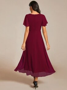 EVERPRETTY Elegant Ruffle Hem Contrast Color High-Low A-Line Midi Chiffon Burgundy Bridesmaid Dress, Wedding Guest Dress, Wedding Vacation Dress, Mother Of The Bride Dress Spring - Burgundy - View 3
