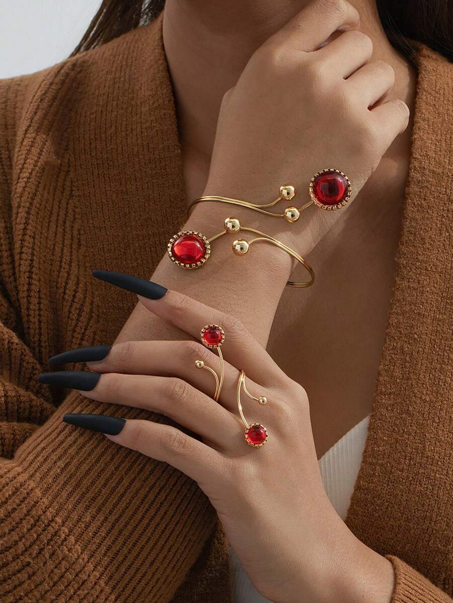 1 Set Retro Geometric Faux Pearl & Gemstone Jewelry Set, Women Party/Holiday Gift, Adjustable