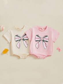Baby Girls Summer Sweet Romper Infant Short Sleeve Round Neck Rugby Bow Embroidery Romper