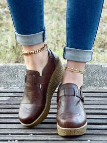 咖啡色四季可穿乐福鞋女厚底防水台一脚蹬女鞋复古简约坡跟乐福鞋时尚朋克舒适软底浅口鞋 - 咖啡色 - 查看 5