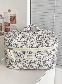 1 Pieza/Set Bolso de maquillaje estilo coreano con estampado floral diminuto negro y cordones decorativos Bolsa de almacenamiento grande y portátil multifuncional para cosméticos, cuidado de la piel, crema solar, esmalte de uñas, joyas, audífonos, artículos pequeños. Regalo ideal para damas de honor, cumpleaños, San Valentín, hermana, amante y amiga