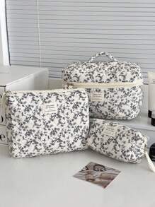 1 Pieza/Set Bolso de maquillaje estilo coreano con estampado floral diminuto negro y cordones decorativos Bolsa de almacenamiento grande y portátil multifuncional para cosméticos, cuidado de la piel, crema solar, esmalte de uñas, joyas, audífonos, artículos pequeños. Regalo ideal para damas de honor, cumpleaños, San Valentín, hermana, amante y amiga