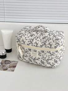 1 Pieza/Set Bolso de maquillaje estilo coreano con estampado floral diminuto negro y cordones decorativos Bolsa de almacenamiento grande y portátil multifuncional para cosméticos, cuidado de la piel, crema solar, esmalte de uñas, joyas, audífonos, artículos pequeños. Regalo ideal para damas de honor, cumpleaños, San Valentín, hermana, amante y amiga