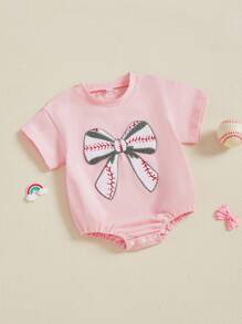 Baby Girls Summer Sweet Romper Infant Short Sleeve Round Neck Rugby Bow Embroidery Romper