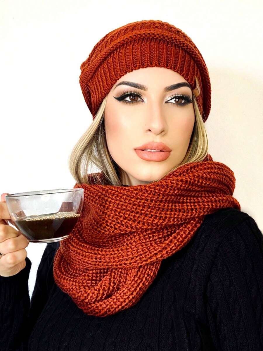 Unisex Knit Infinity Beanie And Scarf Set Soft Wool Winter Fashion - Marrón Chocolate - Ver 1