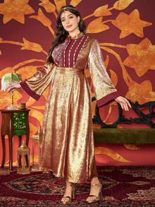 Plus Size Stand Collar Color Block Floral Embroidery Elegant Long Sleeve Arabian Dress - Gold - View 6