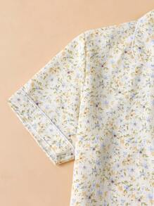 2pcs Women Ditsy Floral Pajama Set: Short Sleeve Lapel Shirt & Bow Shorts, For Home Use In Summer,Two Pieces Set - Apricot - View 3