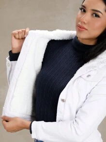 White Denim Jacket With Detachable Fleece Lining, Plush Lining, Ideal For Cold Weather