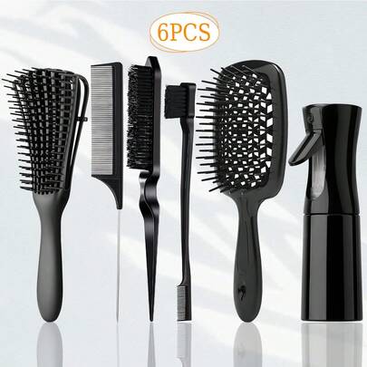 Set de cepillo y peine de 1 pieza/3 piezas/4 piezas/6 piezas para cabello rizado con botella de spray de 200ml, cepillo retráctil, peine de cola de rata, cepillo de bordes para peluquería, cepillo desenredante para mujeres, set de cepillo de bordes de 9 hileras para cabello húmedo y seco