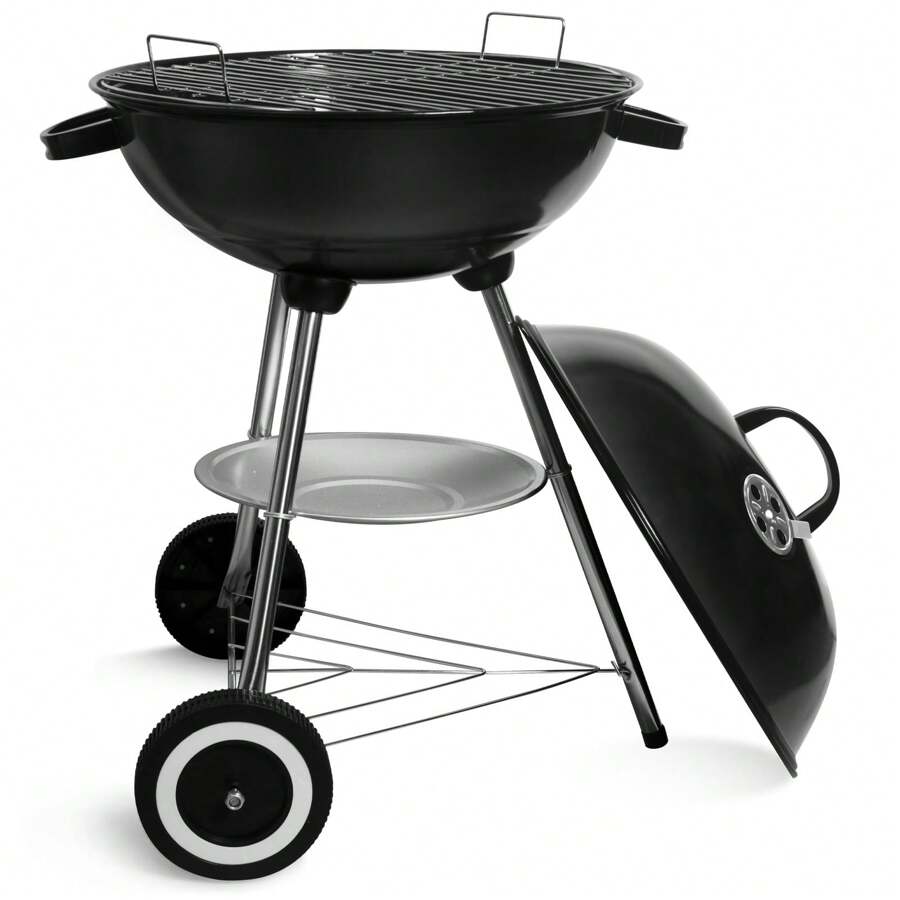 Parrilla de carbón, parrilla hervidor con tapa, parrilla redonda con ruedas y asa, parrillas para barbacoa, parrilla para acampar, negra - Negro - Ver 1