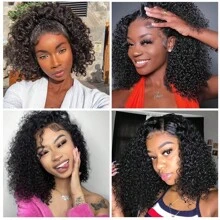 180% Density Mongolian HD Kinky Curly Bob Wig Human Hair Frontal Wigs 13x4 Lace Pre Plucked Wet And Wave - Natural & Black - View 4